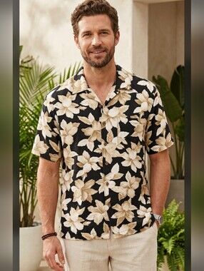 Men's Black Floral Short-Sleeve Button-Down Shirt - Beige Bloom Print